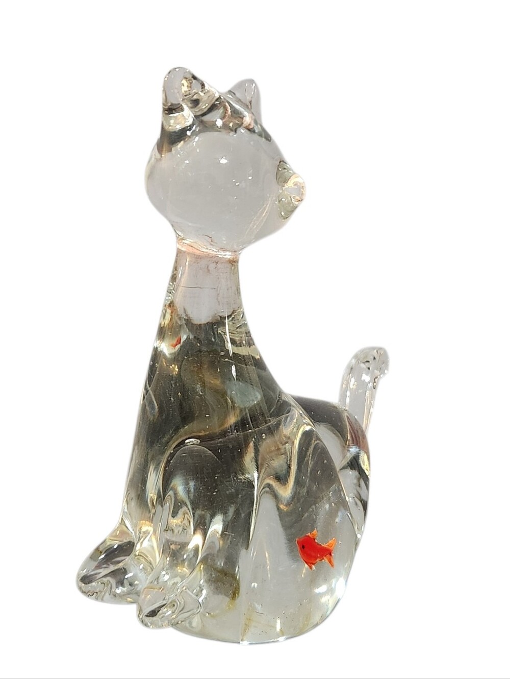 MCM Glass Cat with Orange Fish in Belly Vintage 6.5 inches Tall Paperweight - Picture 6 of 8